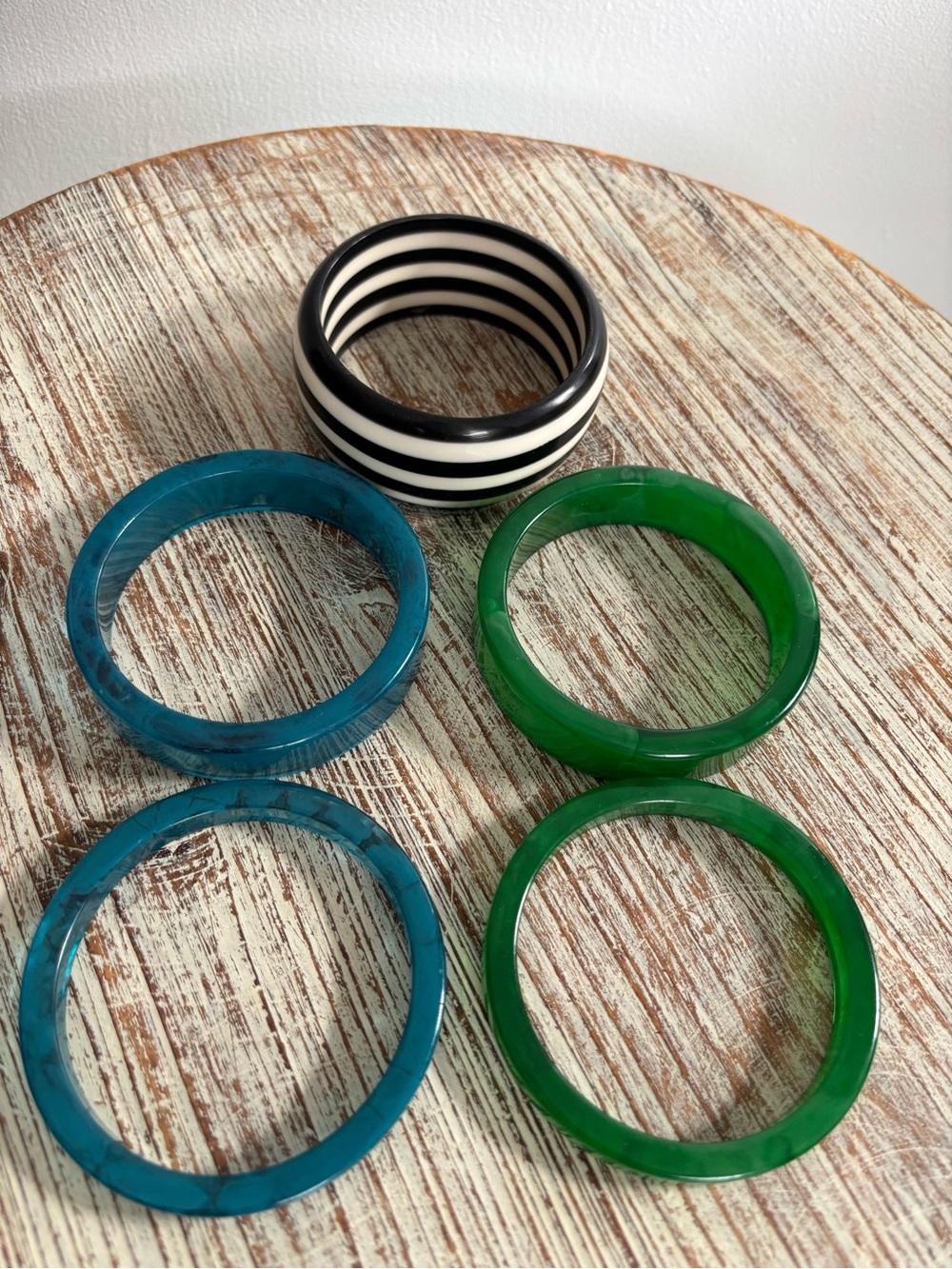 Multiples Green, Teal & Black-White Resin Bangle Set of 5